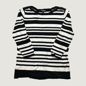 Roz & Ali Sweater Womens S Black White Striped Boat Neck Button Shoulder 3/4 Slv